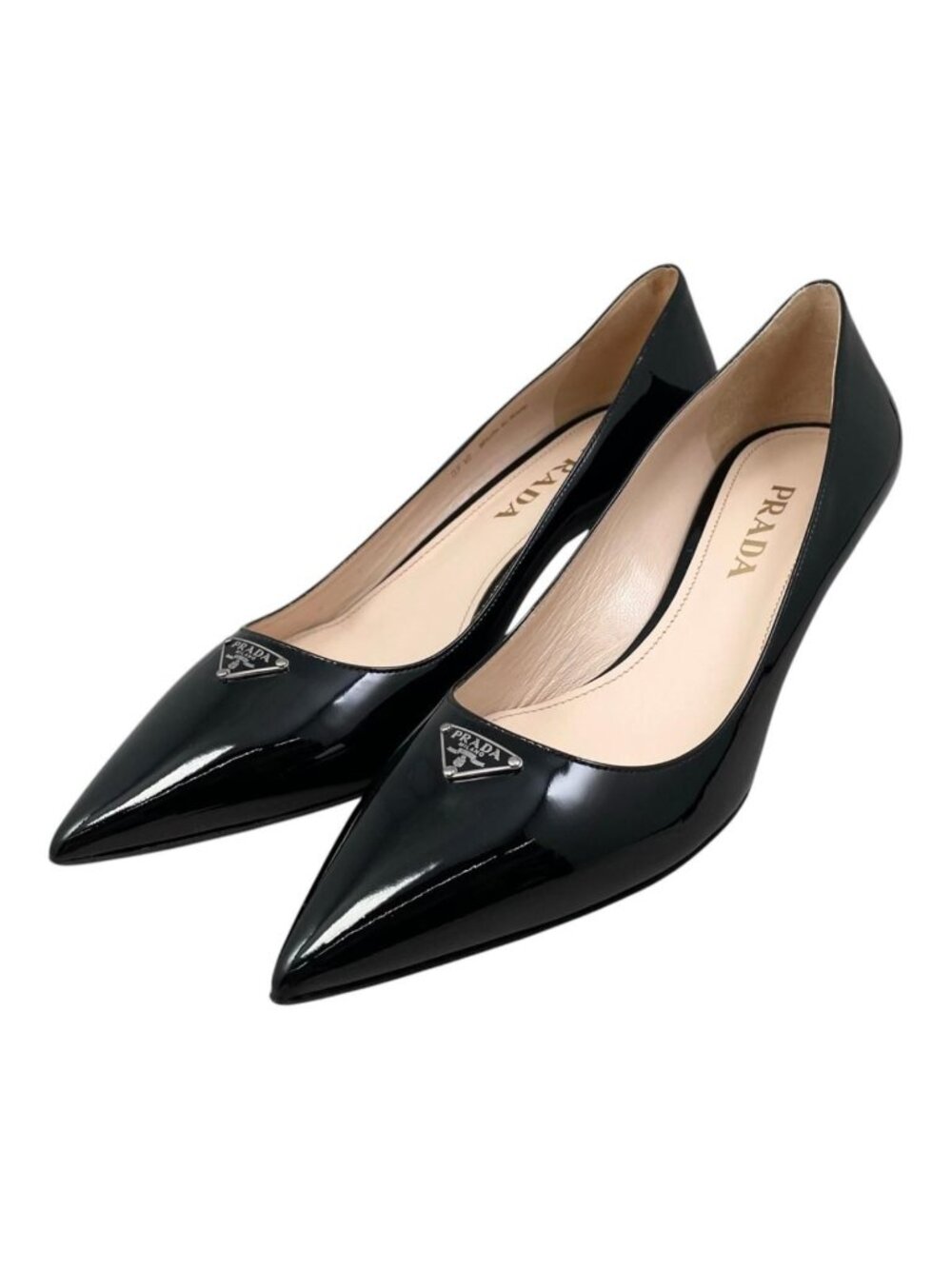 Prada Pumps Triangle Logo Patent Patent Leather Black Silver Heel